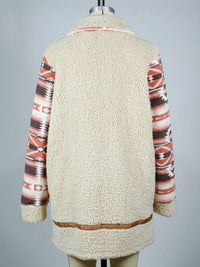 Color block printed lapel long zippered plush jacket