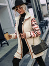 Color block printed lapel long zippered plush jacket