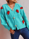 Casual loose strawberry embroidered burlap single-breasted knitted sweater jacket cardigan