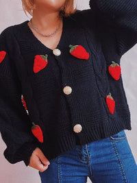 Casual loose strawberry embroidered burlap single-breasted knitted sweater jacket cardigan