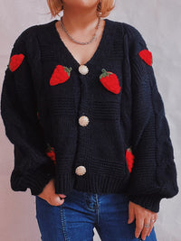 Casual loose strawberry embroidered burlap single-breasted knitted sweater jacket cardigan