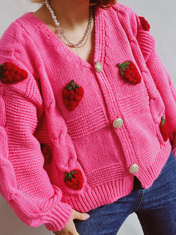 Casual loose strawberry embroidered burlap single-breasted knitted sweater jacket cardigan