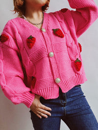 Casual loose strawberry embroidered burlap single-breasted knitted sweater jacket cardigan