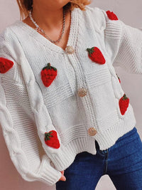 Casual loose strawberry embroidered burlap single-breasted knitted sweater jacket cardigan