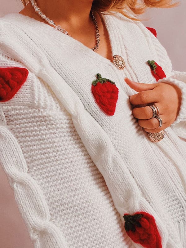 Casual loose strawberry embroidered burlap single-breasted knitted sweater jacket cardigan