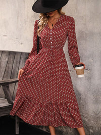 New women's long sleeve printed V-neck waist dress