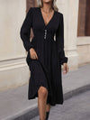 New women's long-sleeved solid color V-neck waist dress