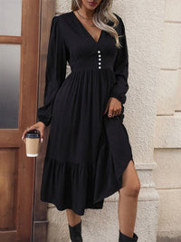 New women's long-sleeved solid color V-neck waist dress