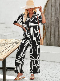 New women's casual fashion printed lapel short-sleeved shirt and trousers vacation suit