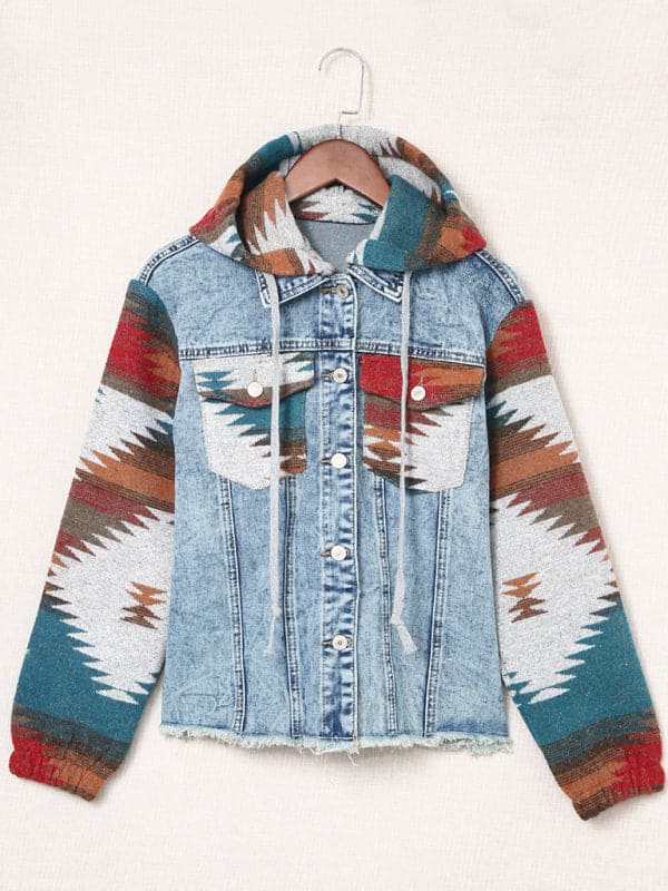 Women's western style denim patchwork hooded jacket