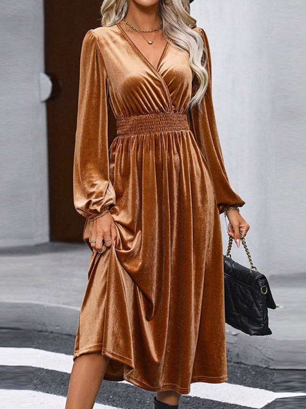 Women's elegant commuting V-neck pleated high-waisted long dress