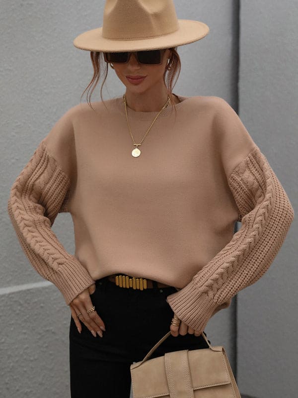 Women's Long Sleeve Thick Knitted Round Neck Twist Rope Top Sweater