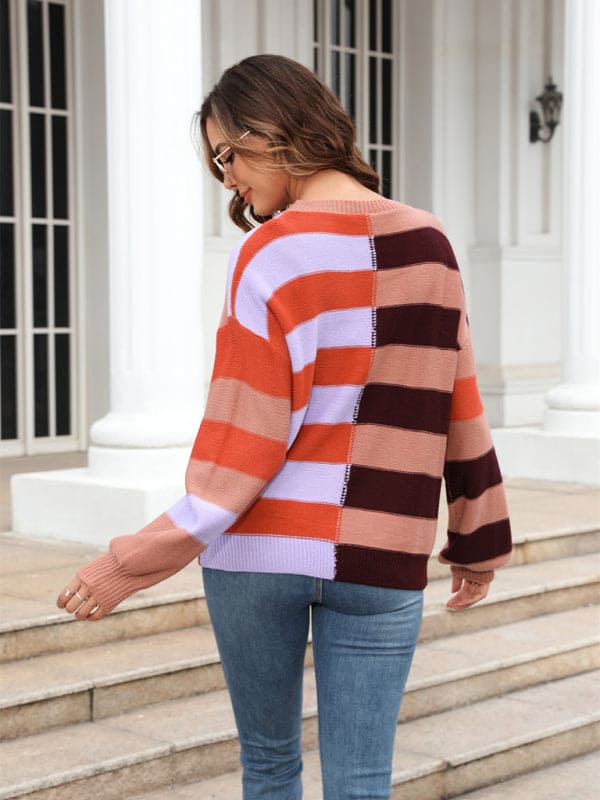 Women's patchwork striped contrasting crew neck sweater pullover