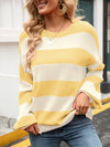 Women's patchwork striped round neck casual knitted sweater