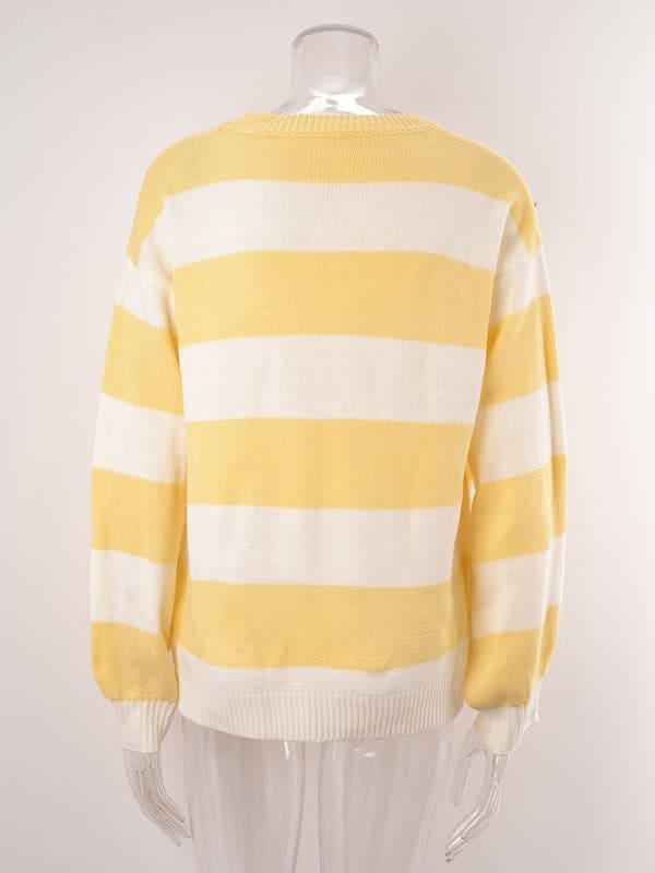 Women's patchwork striped round neck casual knitted sweater