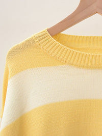 Women's patchwork striped round neck casual knitted sweater