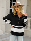 Women's striped zipper stand collar pullover sweater