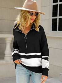 Women's striped zipper stand collar pullover sweater