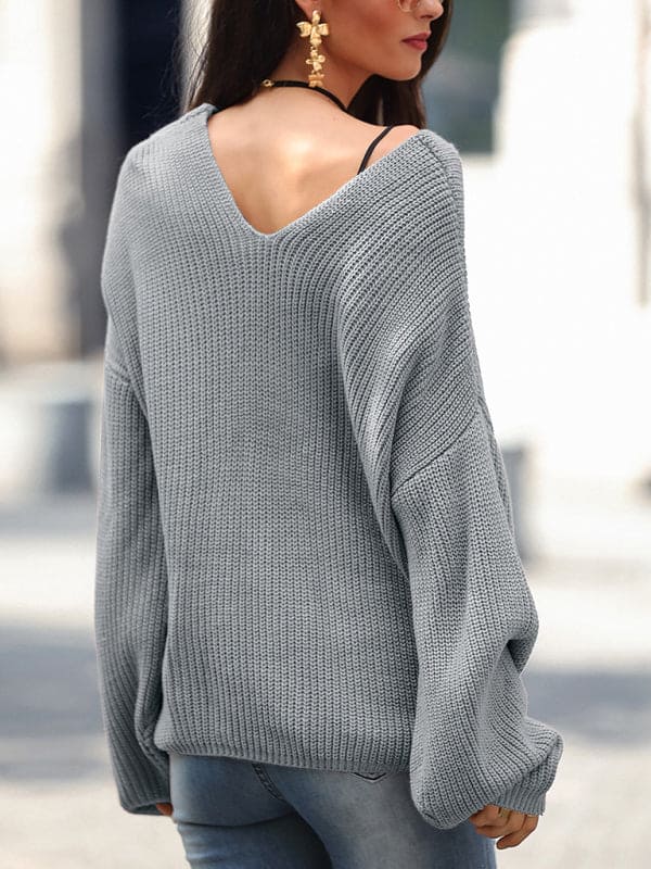 Women's long sleeve loose V-neck drawstring pullover sweater