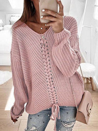 Women's long sleeve loose V-neck drawstring pullover sweater