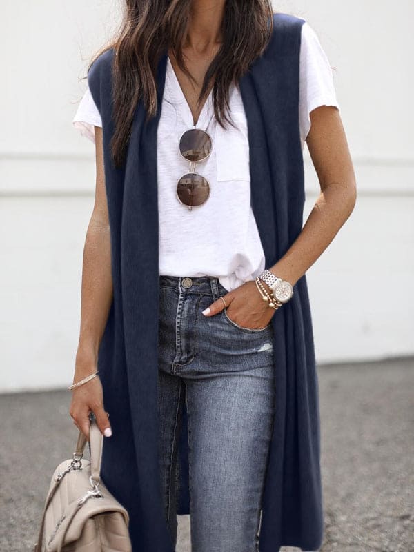 New solid color fashionable casual mid-length cardigan vest