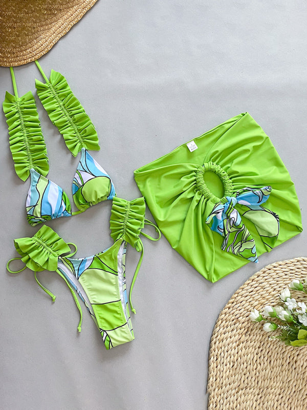 Women's new three-piece bikini ruffled edge split swimsuit