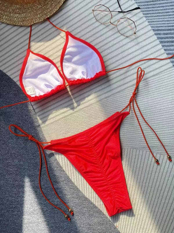 Women's new bikini solid color rope strap sexy swimsuit