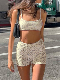 New women's printed pullover midriff-baring vest low-waist hip-hugging shorts set