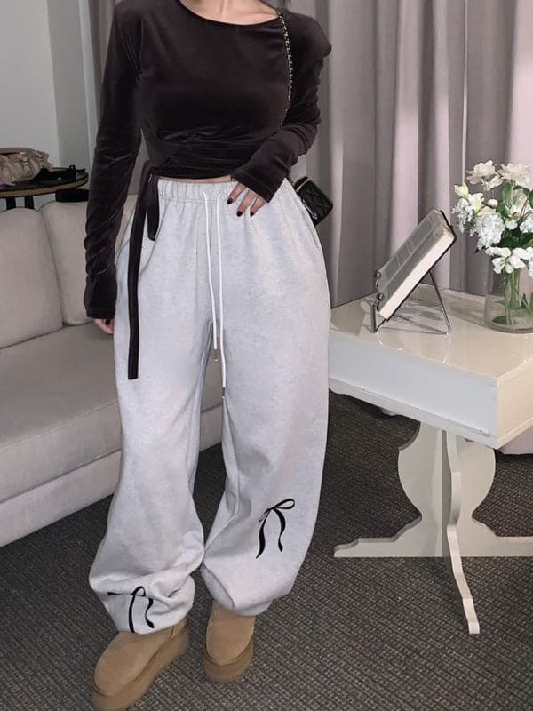 New women's bow printed velvet thickened sweatpants