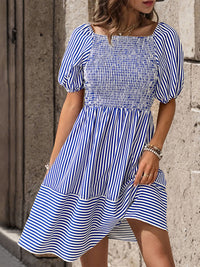 New fashionable puff sleeve striped skirt lapel short sleeve strappy backless dress