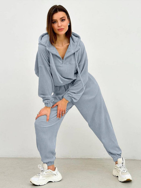 New long sleeve hooded zipper women's trousers suit two piece set