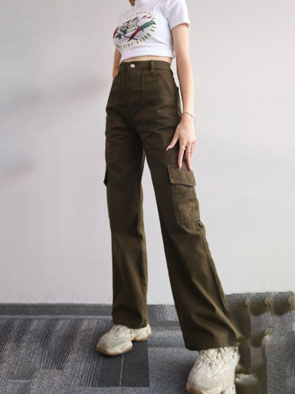 Versatile casual pants, mid-rise three-dimensional pocket trousers, waist-cinching overalls