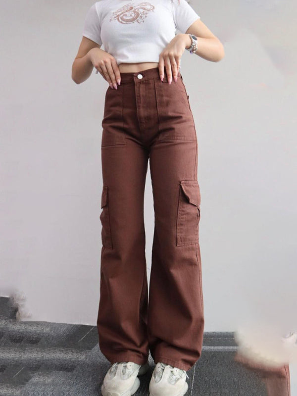 Versatile casual pants, mid-rise three-dimensional pocket trousers, waist-cinching overalls