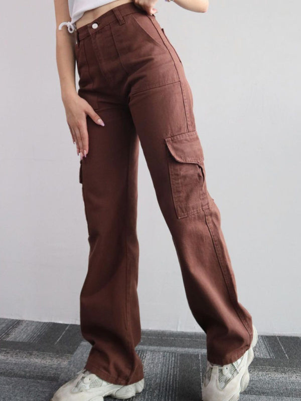 Versatile casual pants, mid-rise three-dimensional pocket trousers, waist-cinching overalls