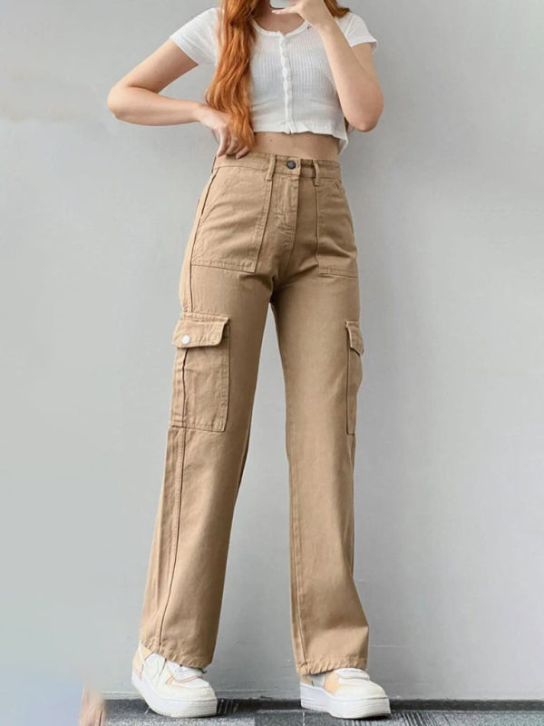 Versatile casual pants, mid-rise three-dimensional pocket trousers, waist-cinching overalls