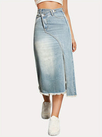 Versatile American retro denim fashionable slit splicing mid-length a-line skirt