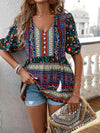 Women's new tassel V-neck printed casual resort style top