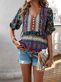 Women's new tassel V-neck printed casual resort style top