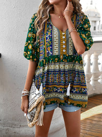 Women's new tassel V-neck printed casual resort style top