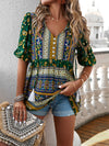 Women's new tassel V-neck printed casual resort style top