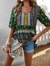 Women's new tassel V-neck printed casual resort style top