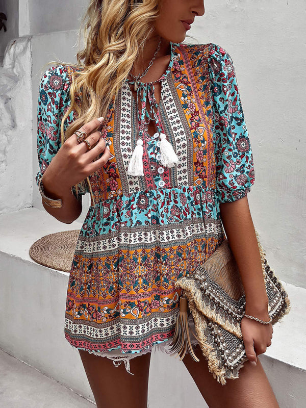 Women's new tassel V-neck printed casual resort style top