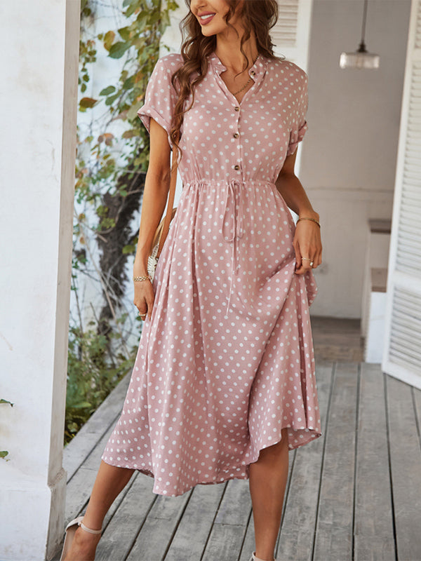 New women's all-match shirt collar polka dot waist waist dress