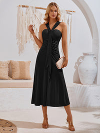 New solid color off-shoulder streamer gathered dress