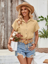 Fashionable casual fresh solid color slim lapel lace up short shirt top