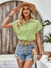 Fashionable casual fresh solid color slim lapel lace up short shirt top