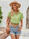 Fashionable casual fresh solid color slim lapel lace up short shirt top