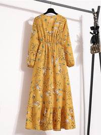 Long sleeve round neck waist slimming floral chiffon long dress