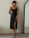 New V-neck pleated waist suspender slit midi dress