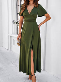 Women's new solid color V-neck waist dress